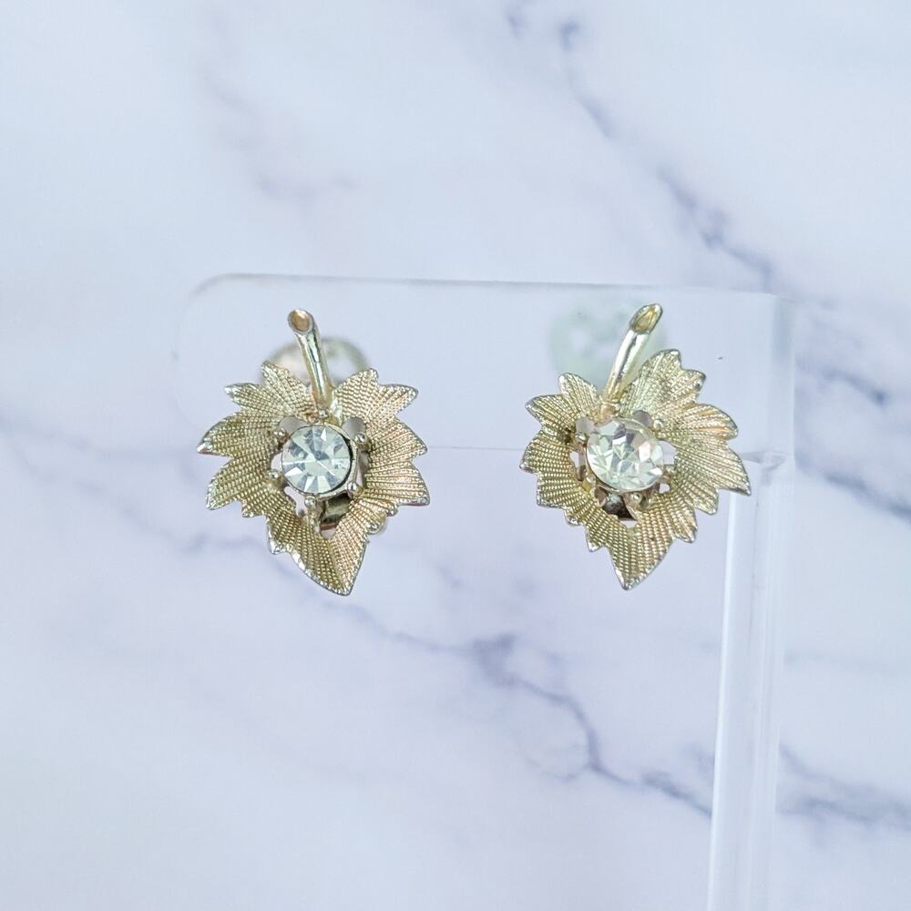 Vintage Clip On Earrings Light Shade of Gold Tone & Clear Gem - Leaf Like